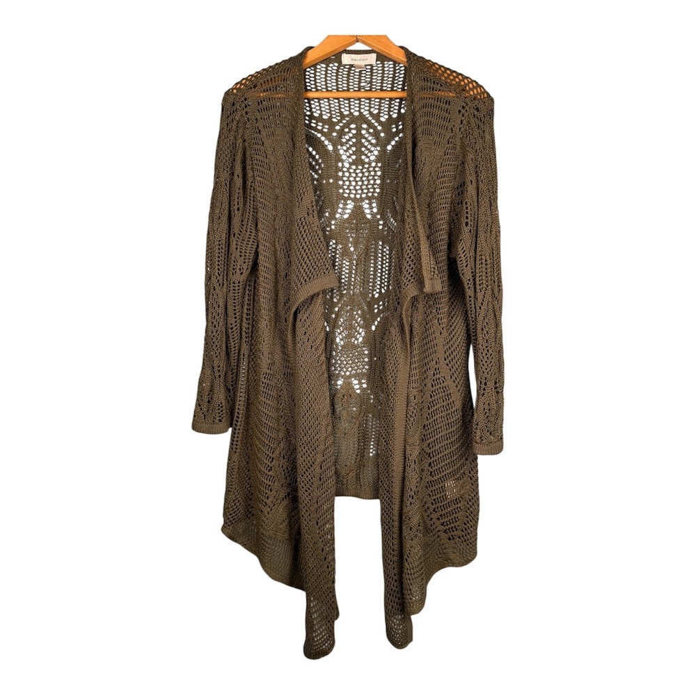 Forest Fairy 1X Crochet Knit Cardigan Olive Brown Open Front Draped Grunge